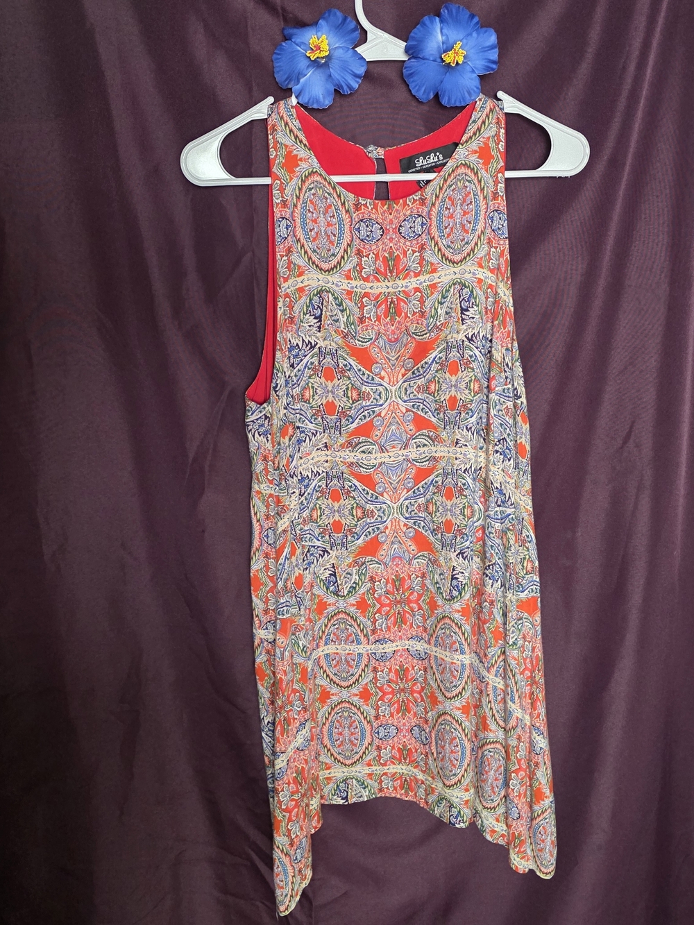 LULUS red, blue, and beige paisley print dress with red lining